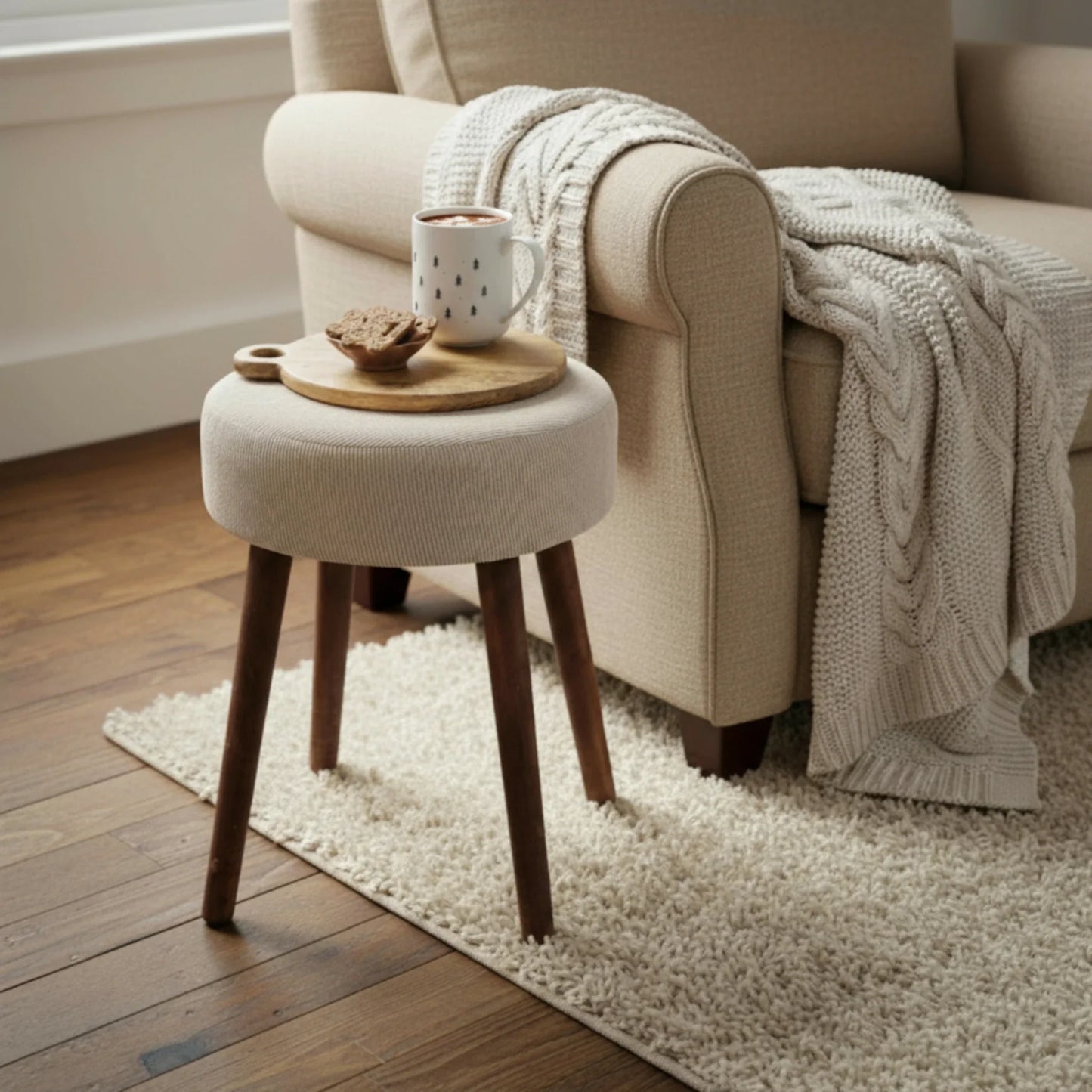 Hocker Fußhocker Polsterhocker Cord Holzbeine Sitzhocker rund beige 35x45 cm