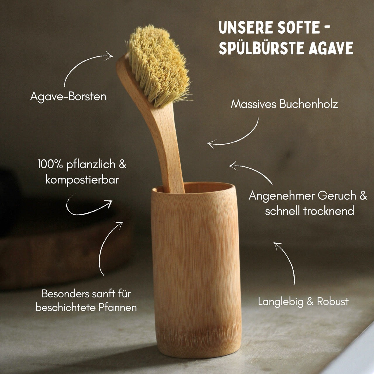 Spülbürste Holz Naturborsten aus Agave (soft) Plastikfrei + Vegan