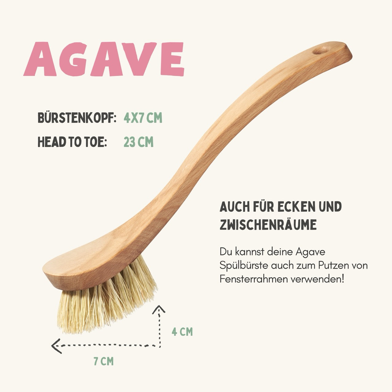 Spülbürste Holz Naturborsten aus Agave (soft) Plastikfrei + Vegan