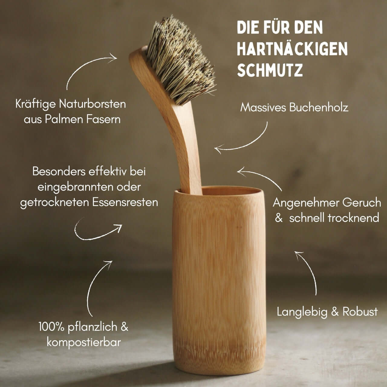 Spülbürste Holz Naturborsten aus Palme (extra stark) Plastikfrei + Vegan-Grünschloss