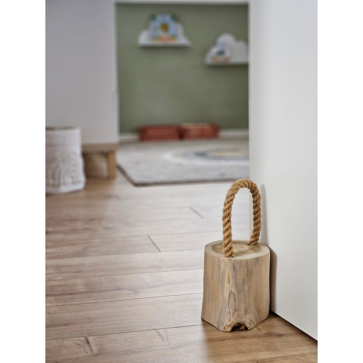 Türstopper Teakholz Boden Türpuffer Holzstamm Holz Kordelgriff Natur Ø 13 cm