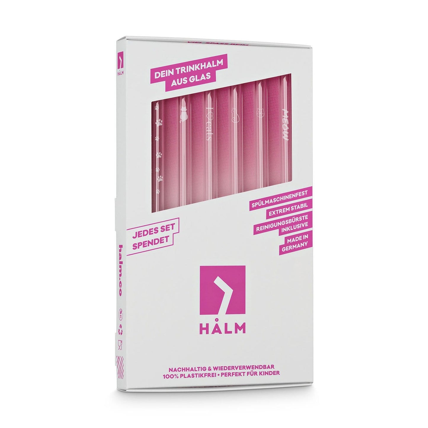 Süße Katzen Edition 6x Glasstrohhalme mit gravierten Kater & Katzen Motiven 15cm, 20cm, 23cm