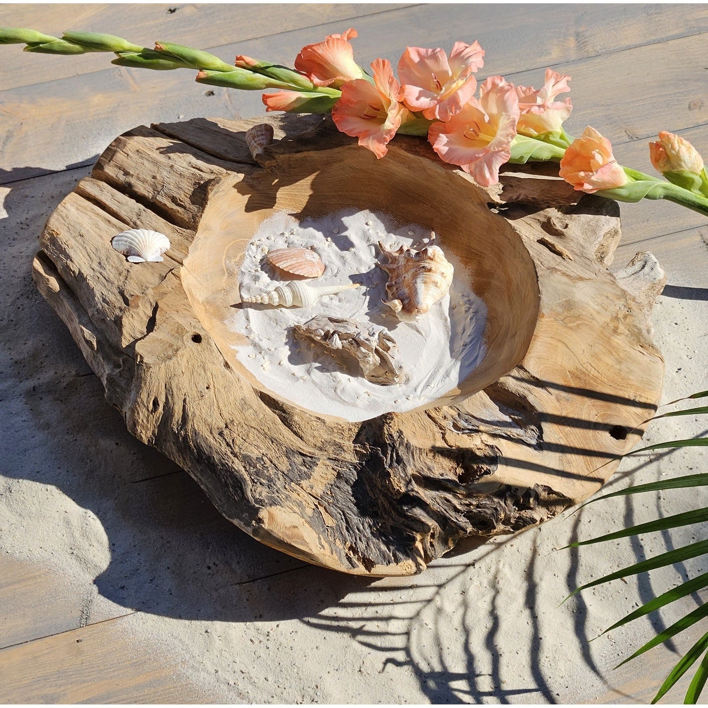 Natürliche runde Holz Dekoschale aus massivem Teakholz 50 cm