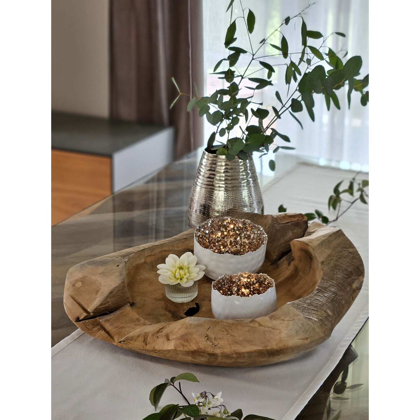 Natürliche runde Holz Dekoschale aus massivem Teakholz 50 cm