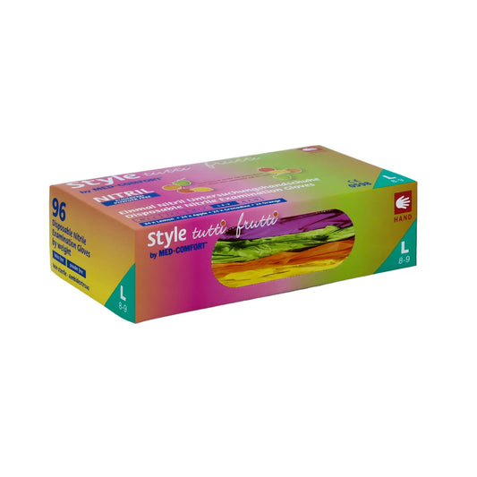 Hochwertige bunte Nitrilhandschuhe, puderfrei, 96 Stück pro Box.