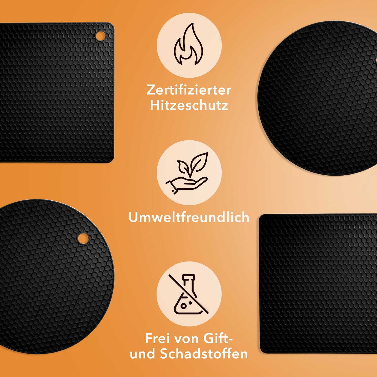 Untersetzer aus Silikon Topfuntersetzer Pfannenuntersetzer Topflappen rund & eckig Schwarz - 4er Set