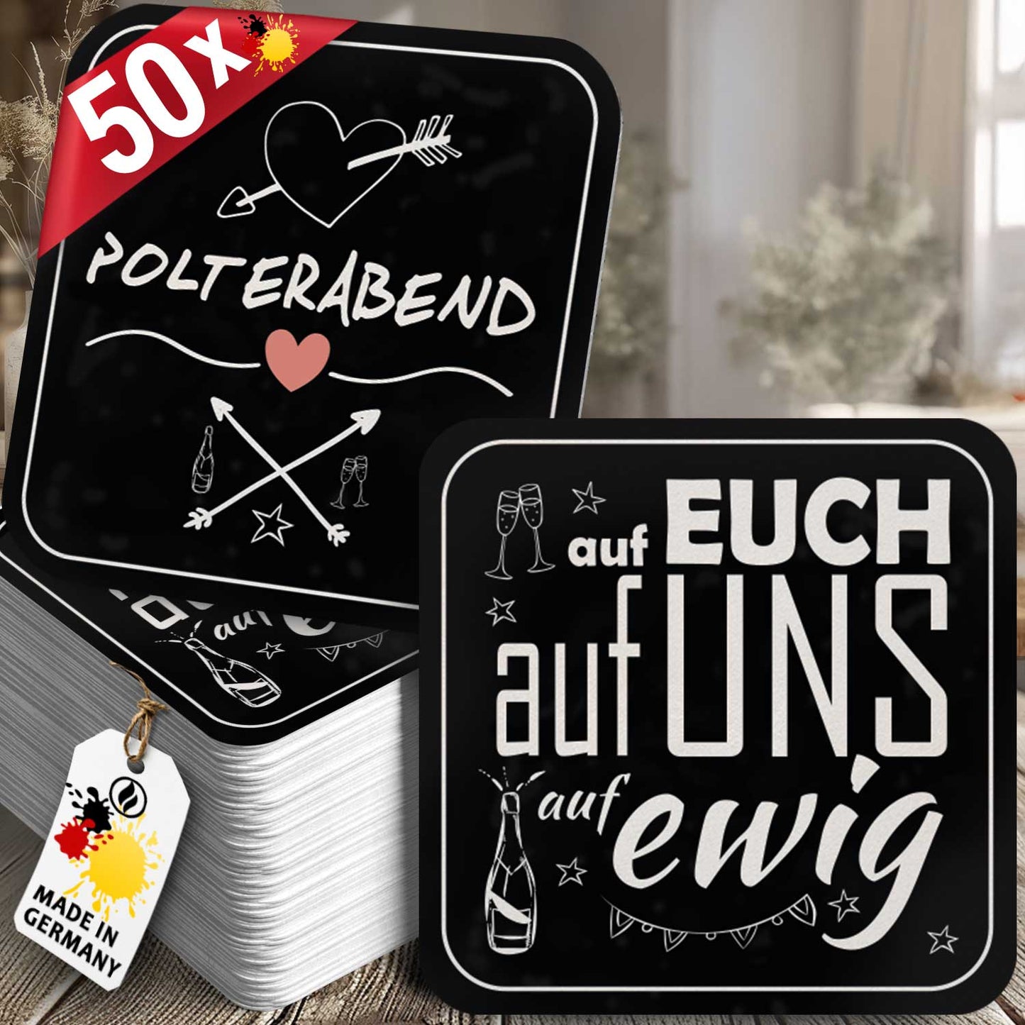 Bierdeckel Polterabend 50 Stück Schwarze Untersetzer Herz