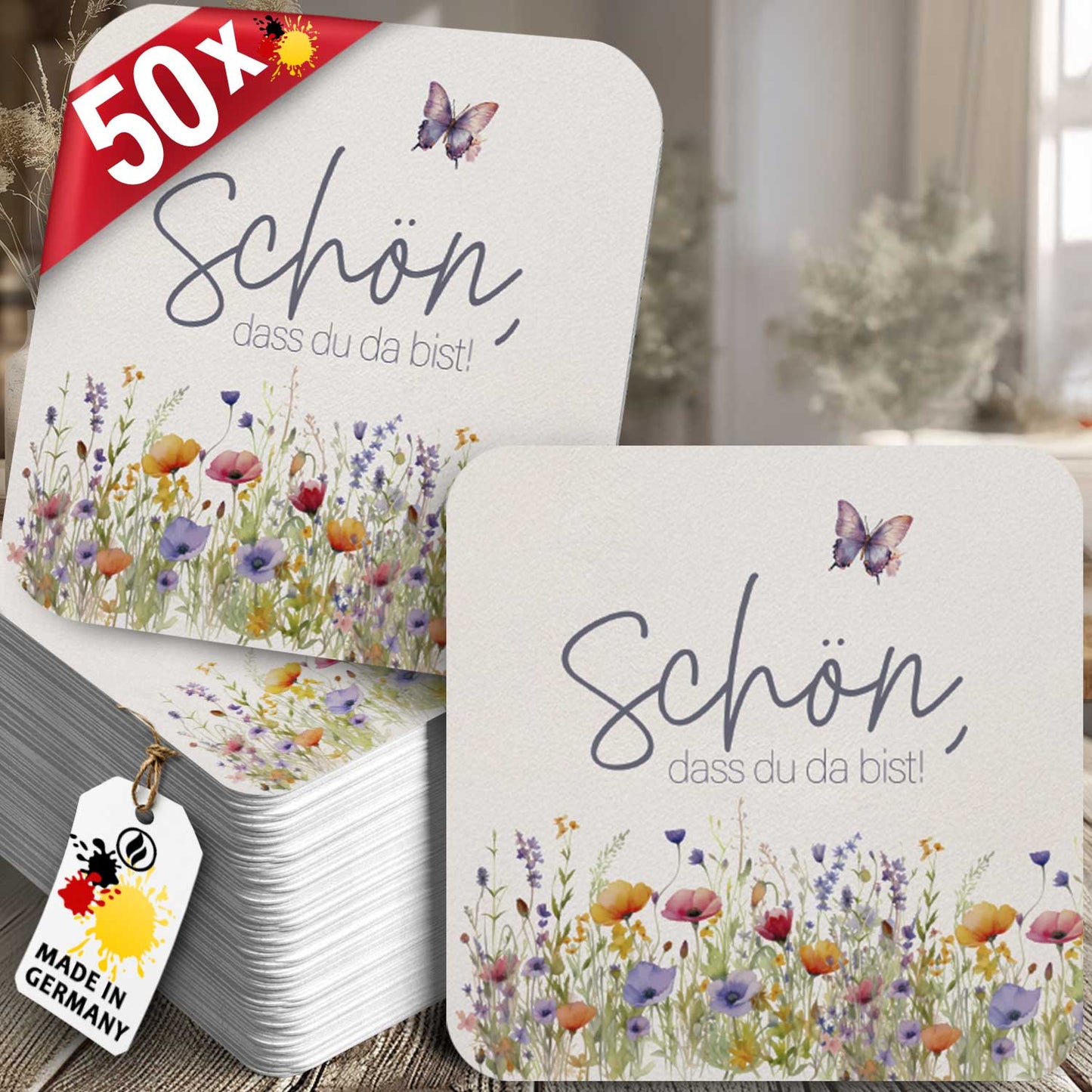 50 Bierdeckel mit floralem Schmetterlingsdesign für festliche Anlässe
