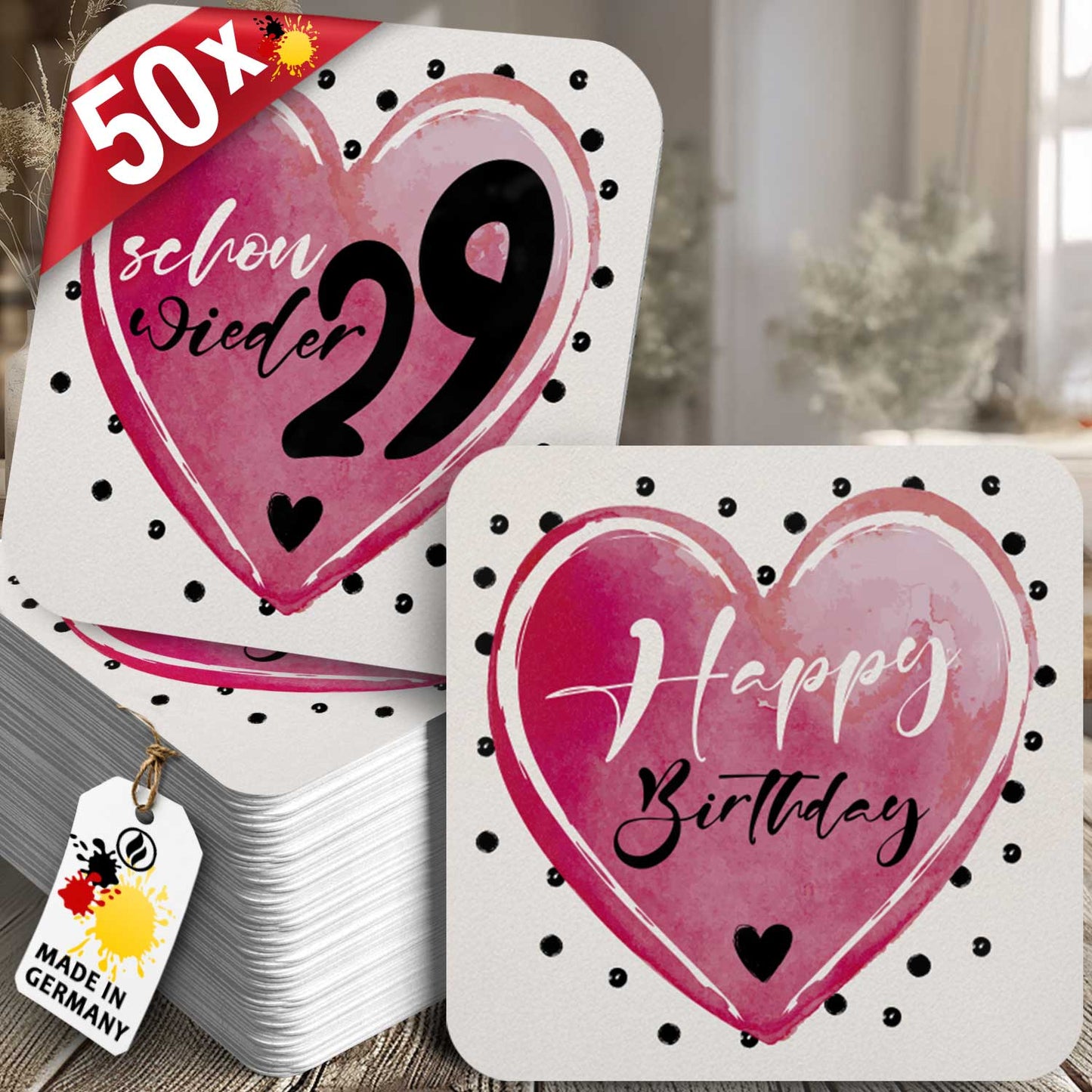 50 Premium Bierdeckel "Schon wieder 29" Weiß/Pink für Geburtstagsfeiern