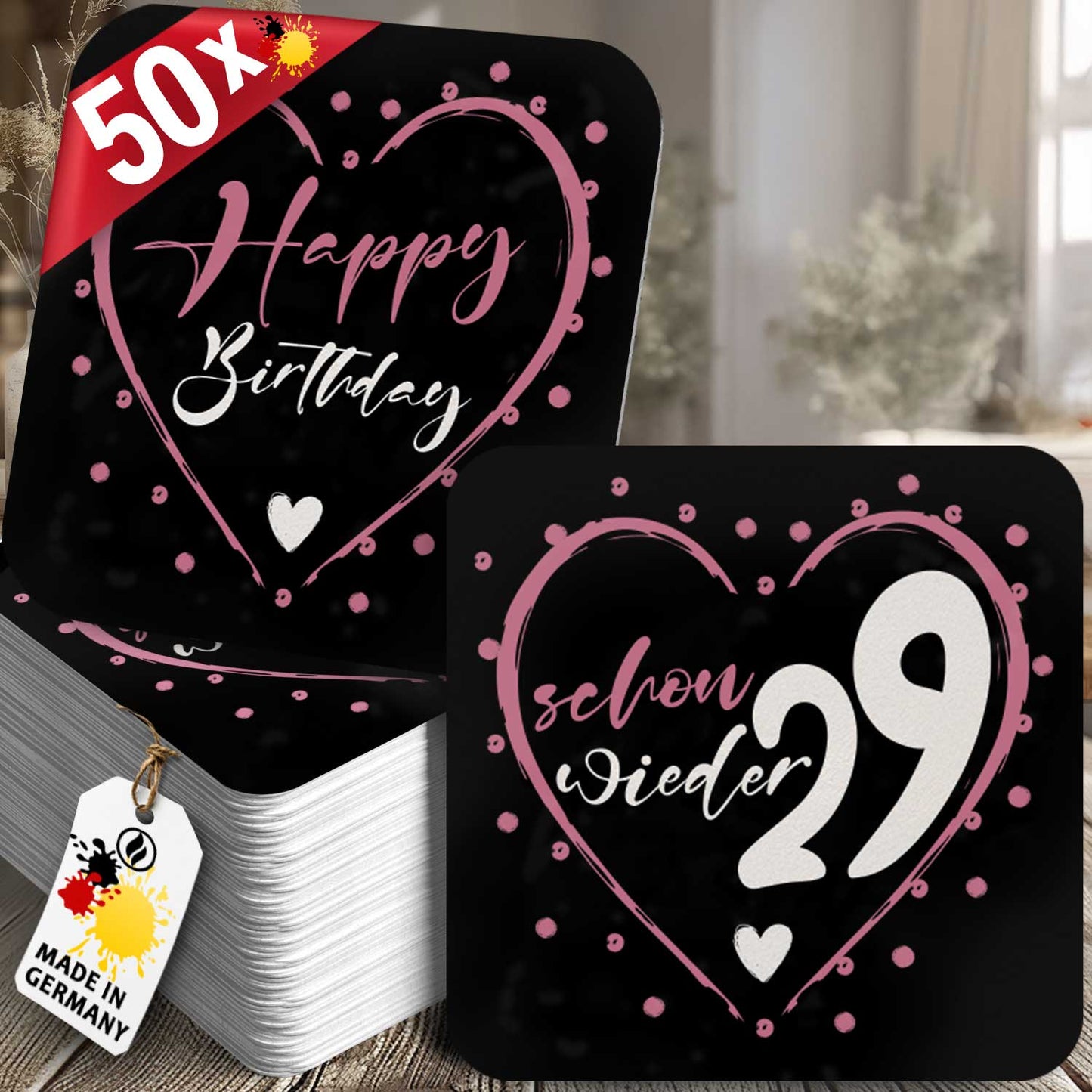 Set 50 lustige Bierdeckel Geburtstag schwarz pink