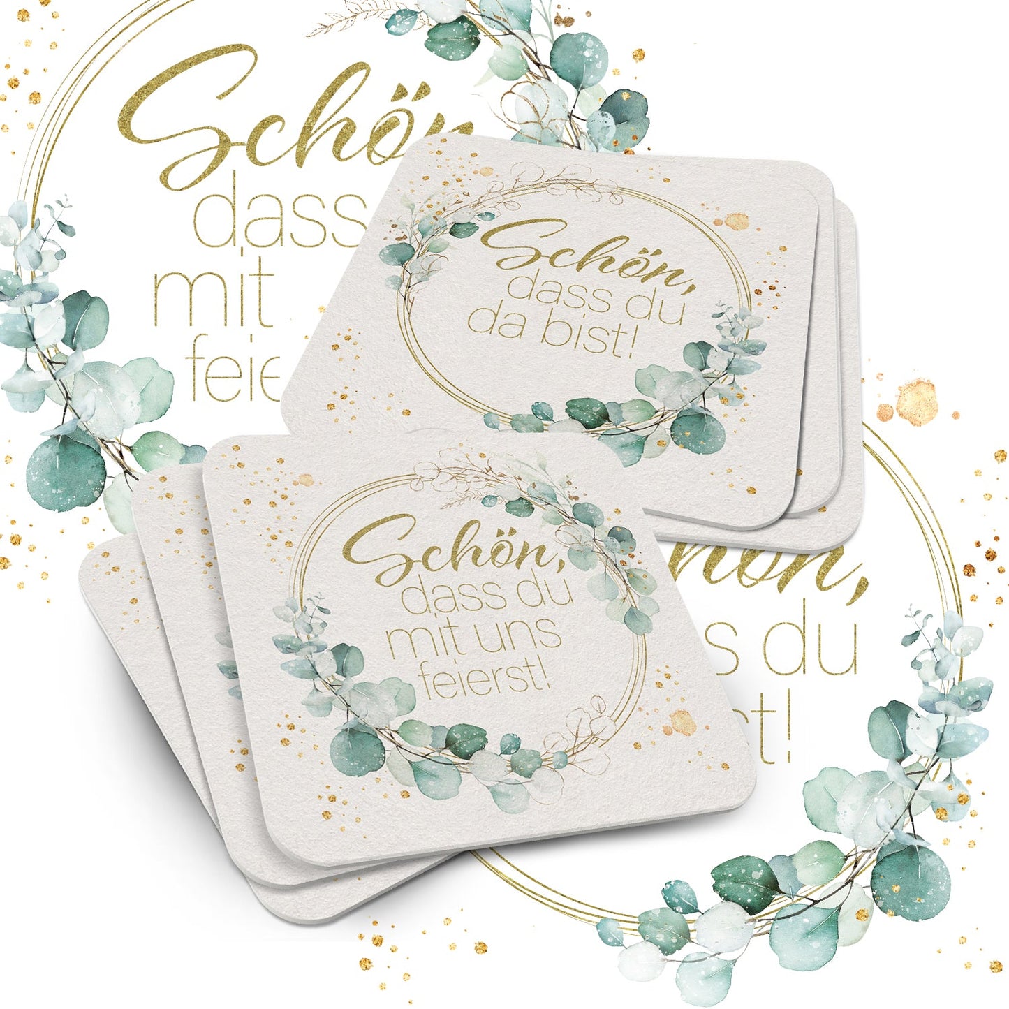 50x Bierdeckel 'Schön, dass du da bist' in Grün Floral mit Efeu