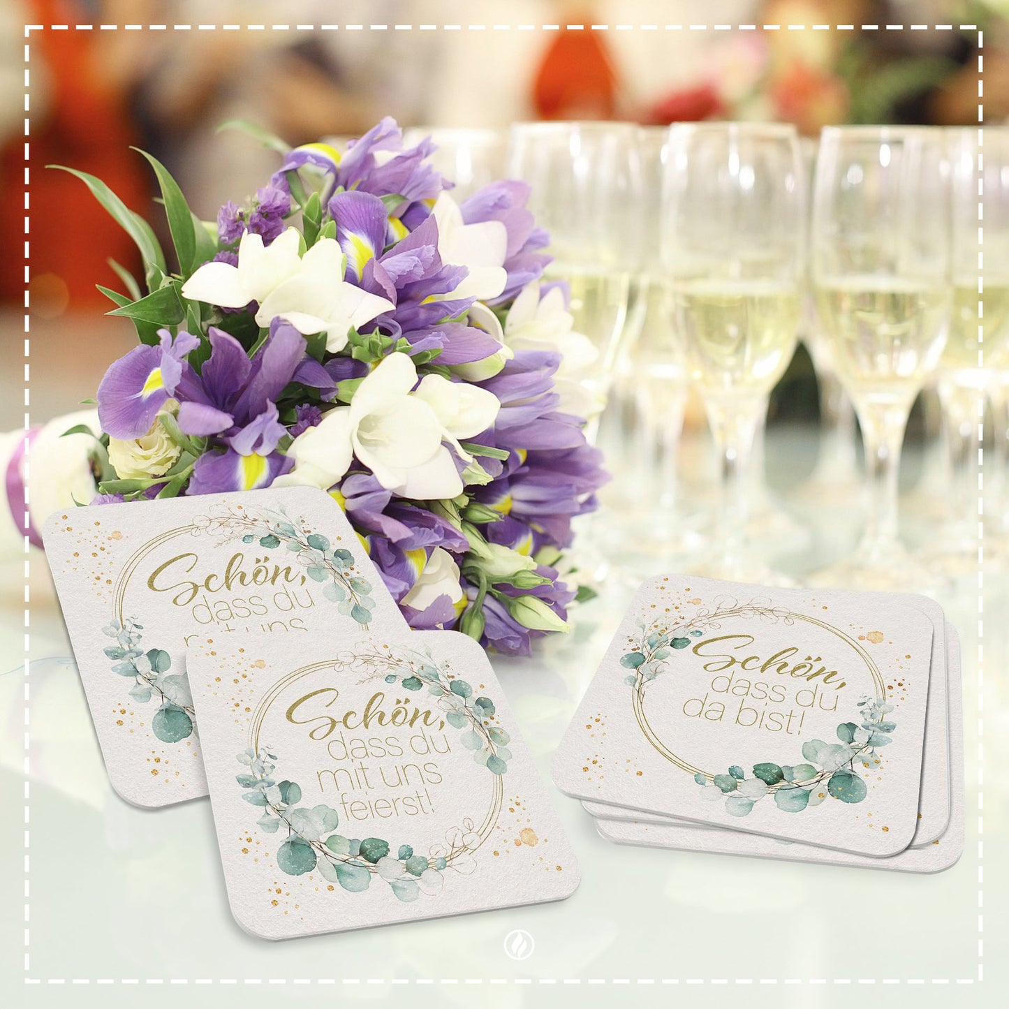 50x Bierdeckel 'Schön, dass du da bist' in Grün Floral mit Efeu