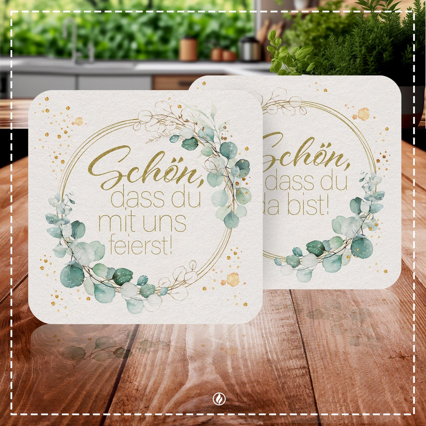 50x Bierdeckel 'Schön, dass du da bist' in Grün Floral mit Efeu