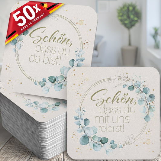 50x Bierdeckel 'Schön, dass du da bist' in Grün Floral mit Efeu