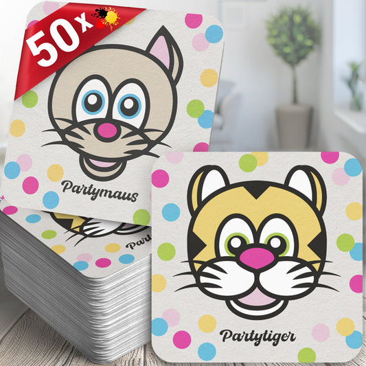 50x Bierdeckel Kindergeburtstag Partymaus Partytiger Tischdeko