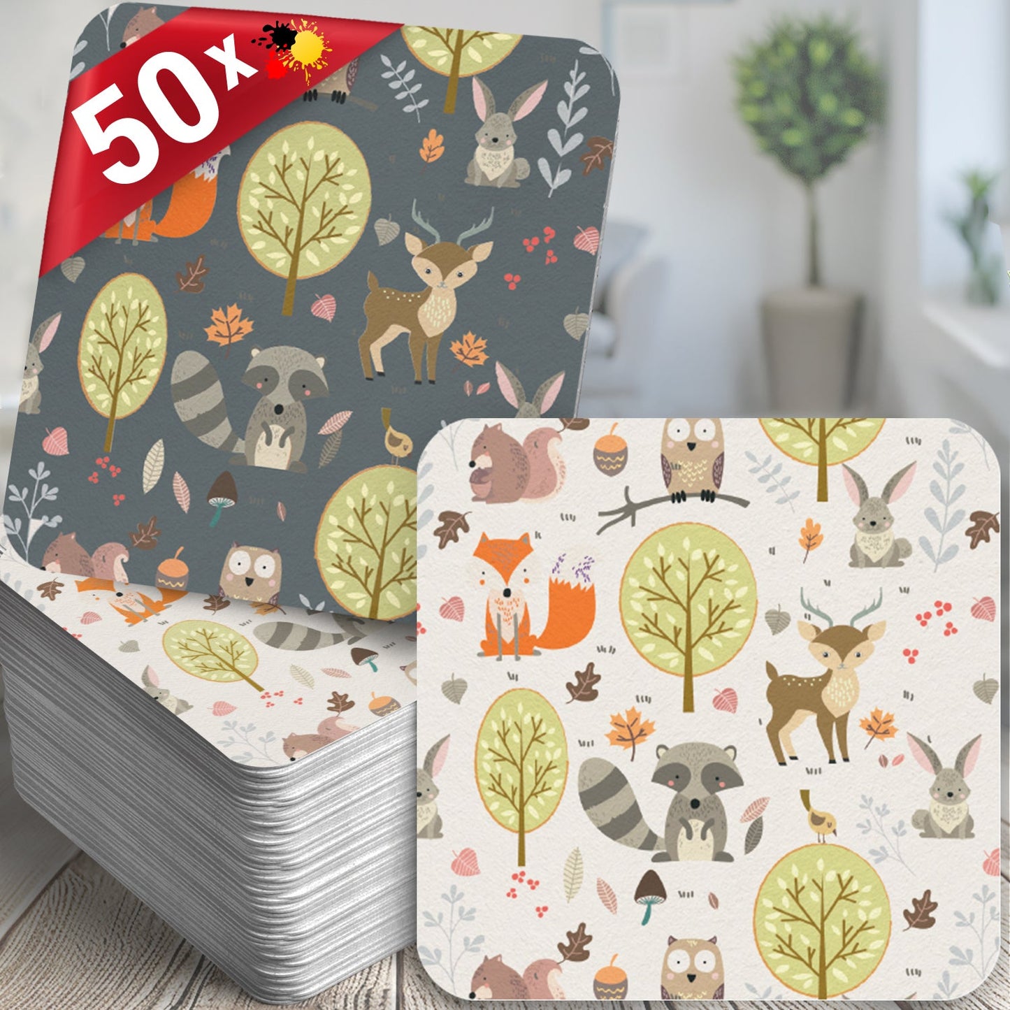 Untersetzer Waldtiere Bierdeckel Set 50 Stück eckig