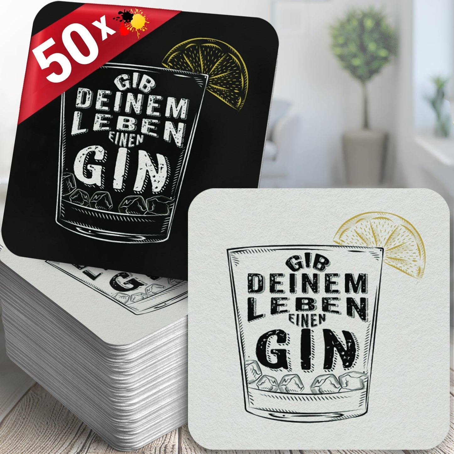 Bierdeckel Gin 50er Set Humorvoll mit Zitronenscheibe