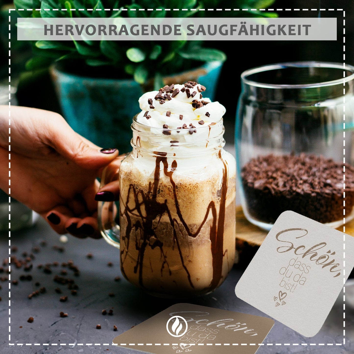 50 Bierdeckel Schön dass du da bist quadratisch Mocca Braun