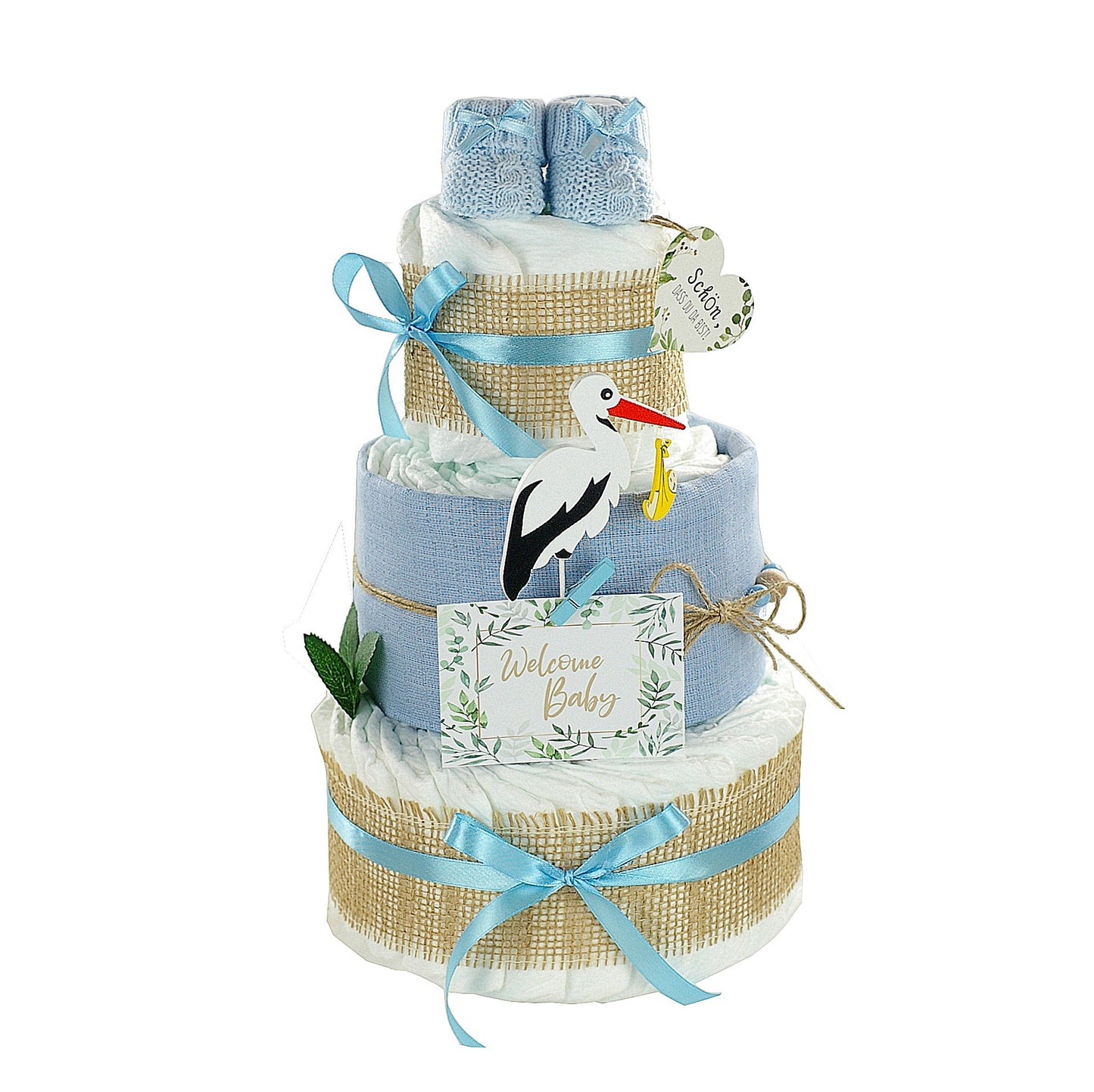 Windeltorte Storch mit Bündel | inkl. Babybooties und Mullwindel | blau-dubistda