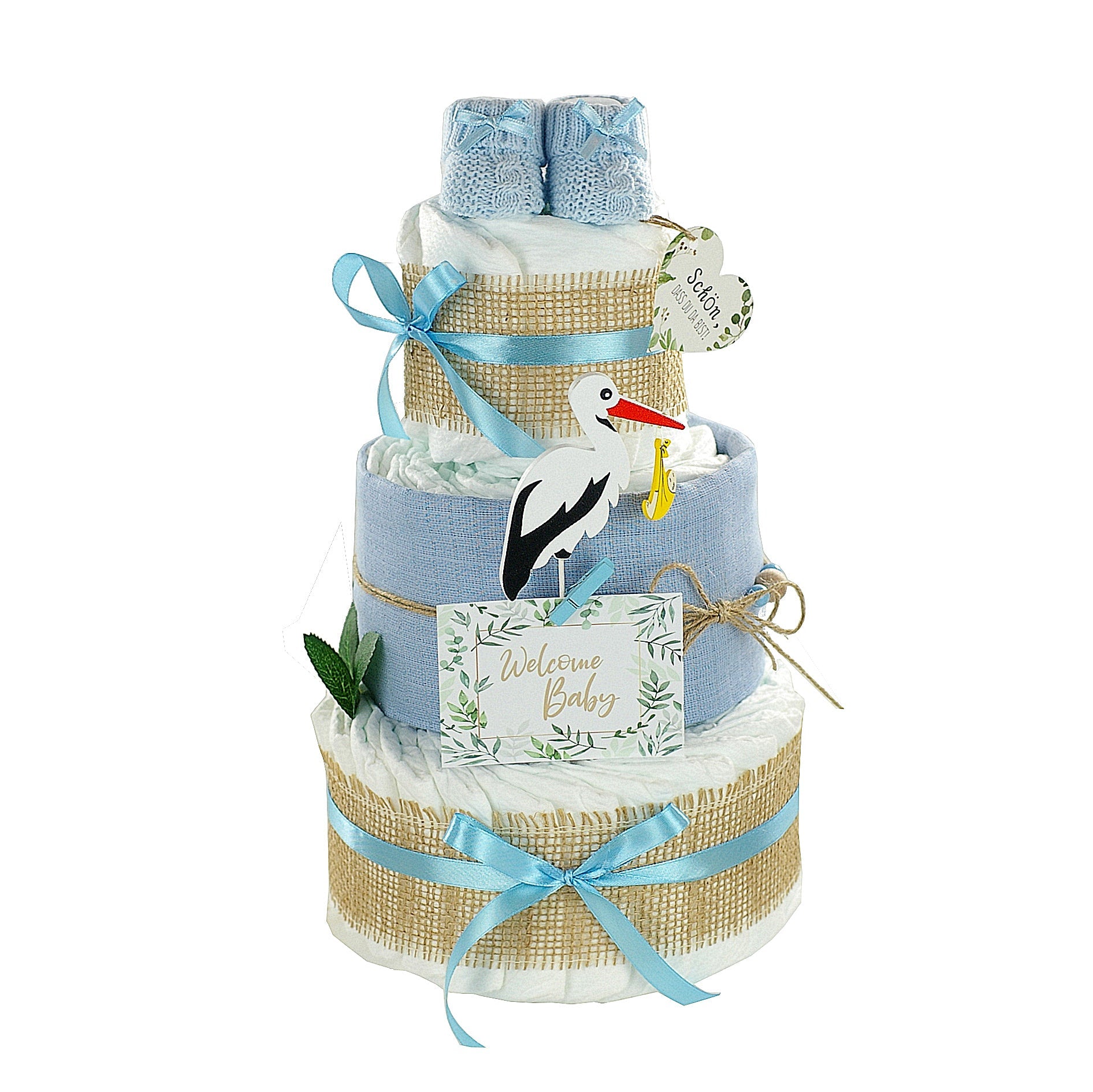 Windeltorte Storch mit Bündel | inkl. Babybooties und Mullwindel | blau-dubistda
