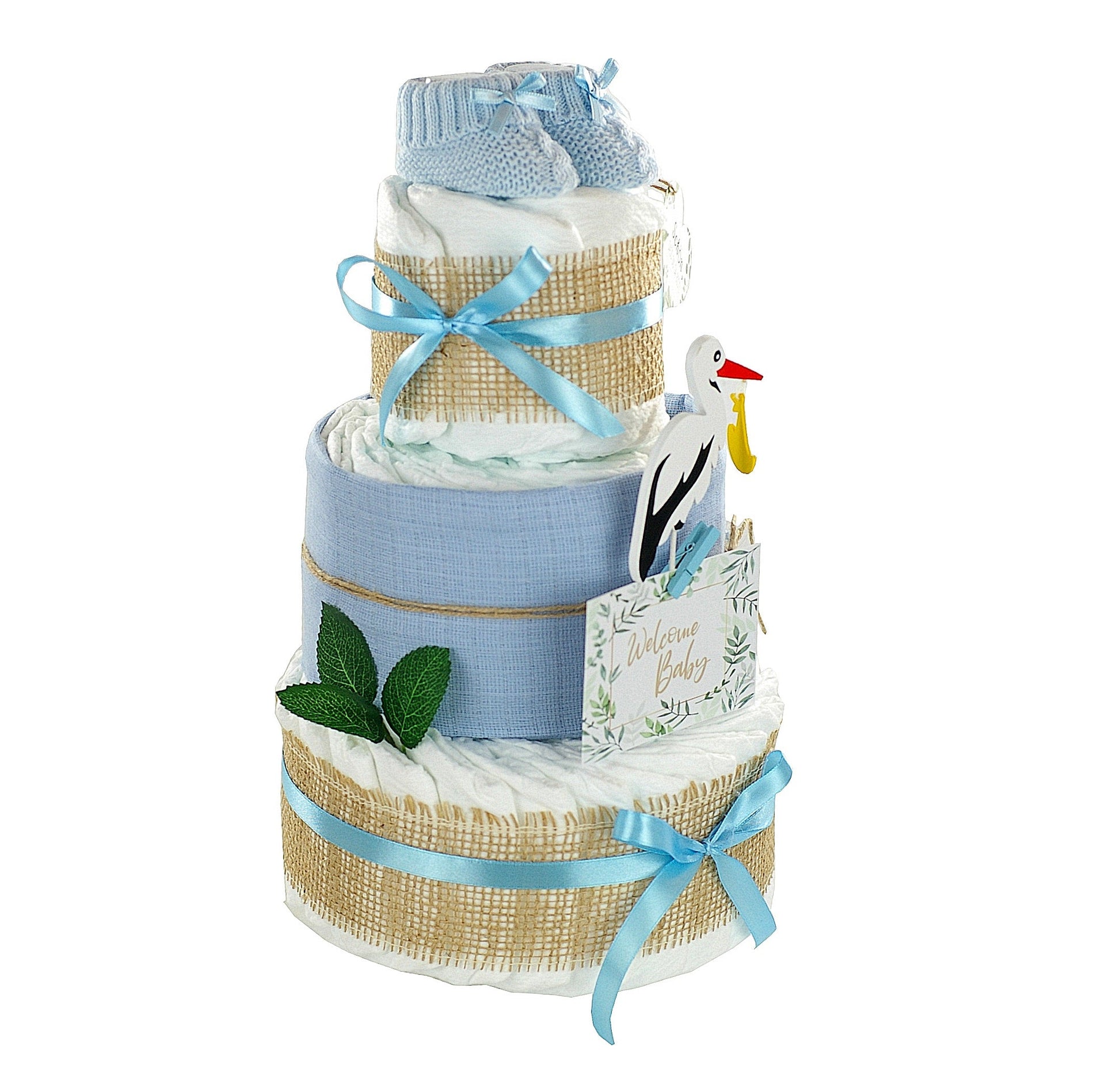 Windeltorte Storch mit Bündel | inkl. Babybooties und Mullwindel | blau-dubistda
