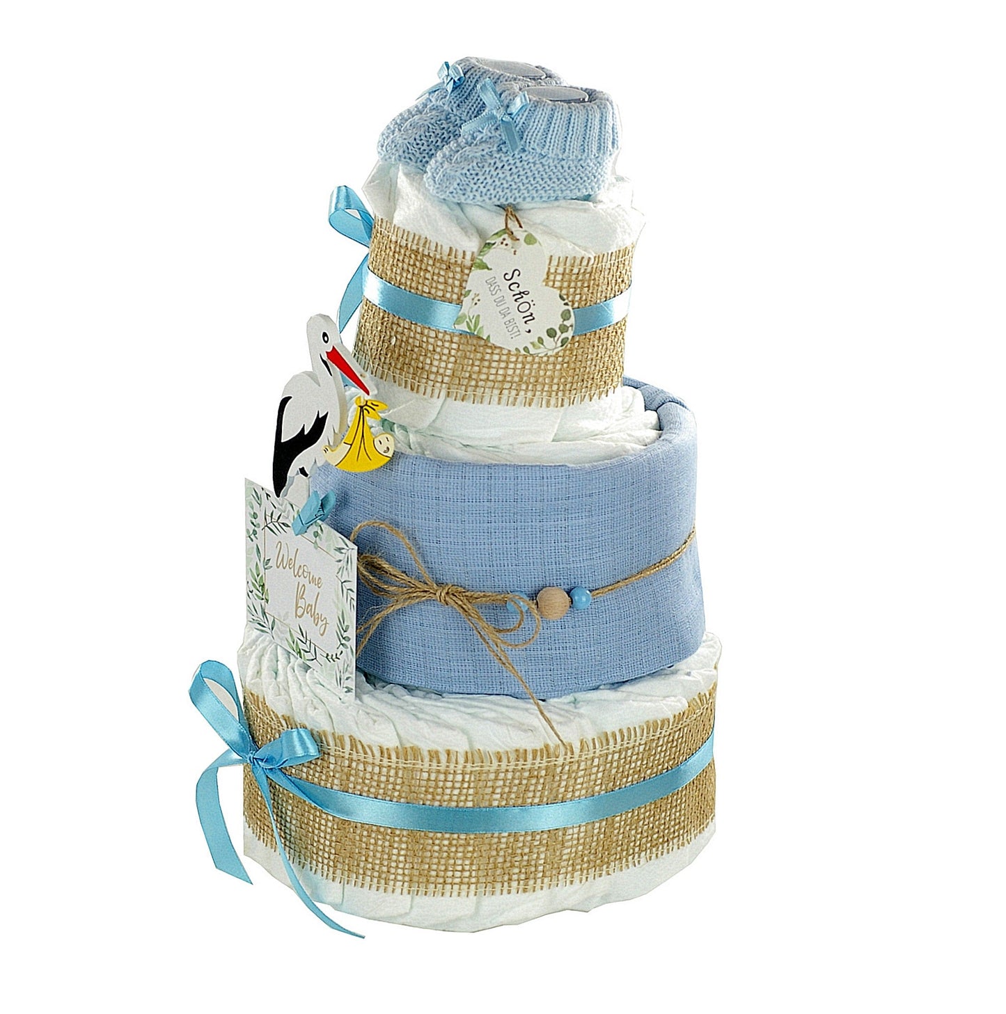 Windeltorte Storch mit Bündel | inkl. Babybooties und Mullwindel | blau-dubistda
