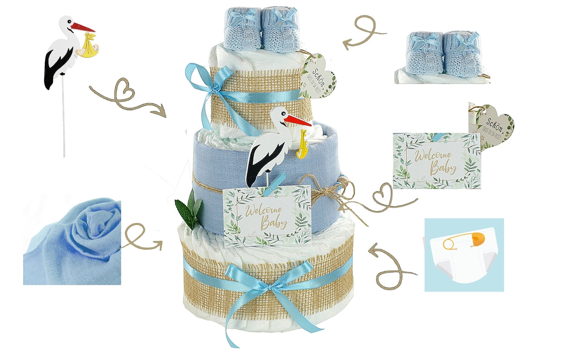 Windeltorte Storch mit Bündel | inkl. Babybooties und Mullwindel | blau-dubistda