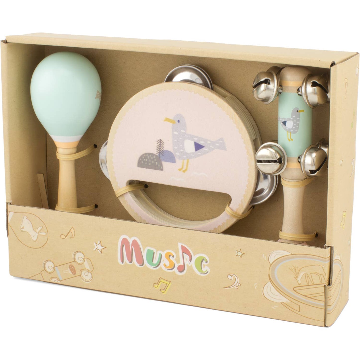 Holzmusikset mit Maraca Tamburin und Rassel für Kinder