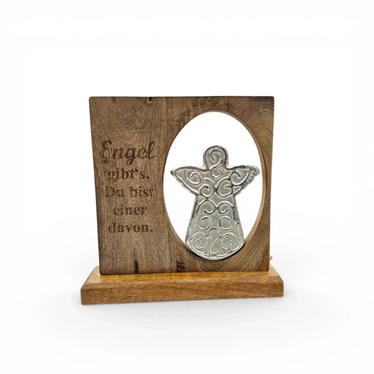 Dekoschild Engel mit Spuch Mangoholz Metall Aufsteller Schild Wohnaccessoire Holz - Yabubest - Home & More