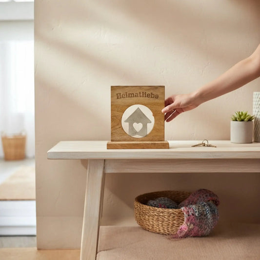 Dekoschild mit Haus Herz Mangoholz Metall Aufsteller Schild Wohnaccessoire Holz - Yabubest - Home & More