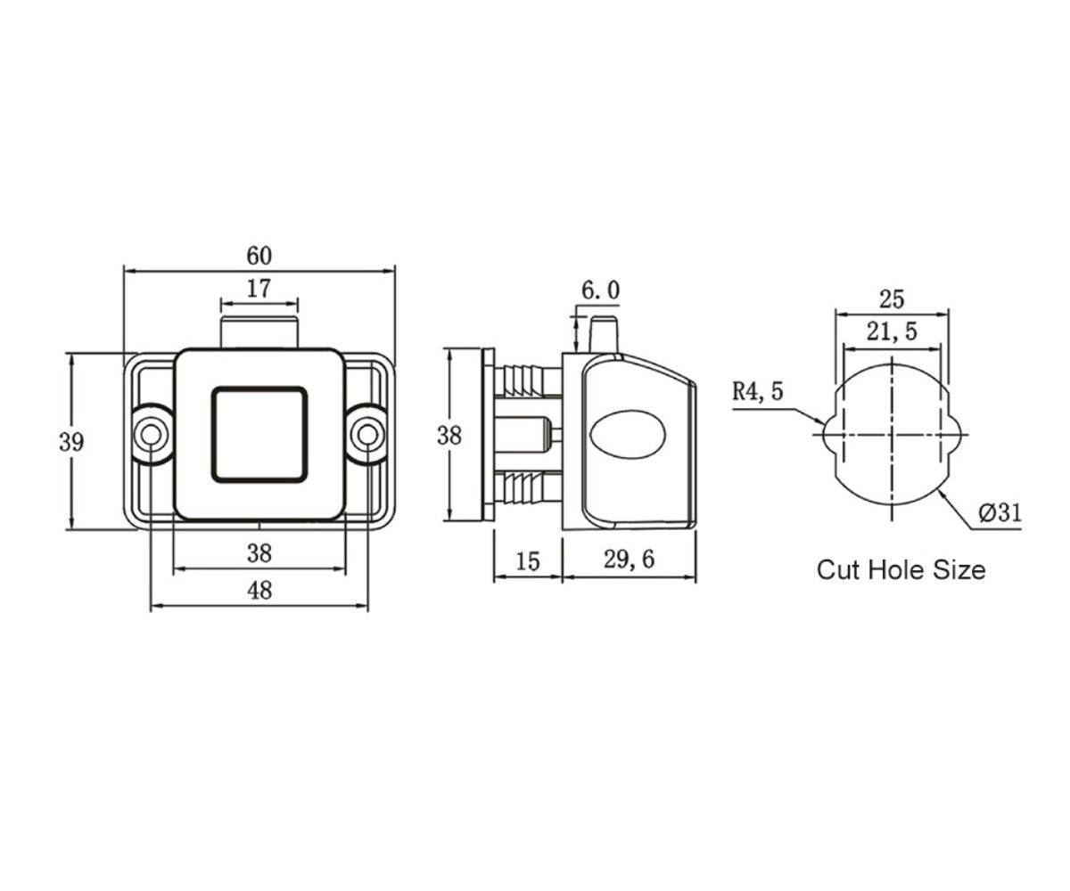Camper Möbelschloss quadratisch für 15mm Wandstärke Schließsystem