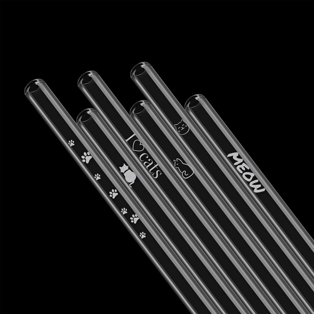Süße Katzen Edition 6x Glasstrohhalme mit gravierten Kater & Katzen Motiven 15cm, 20cm, 23cm