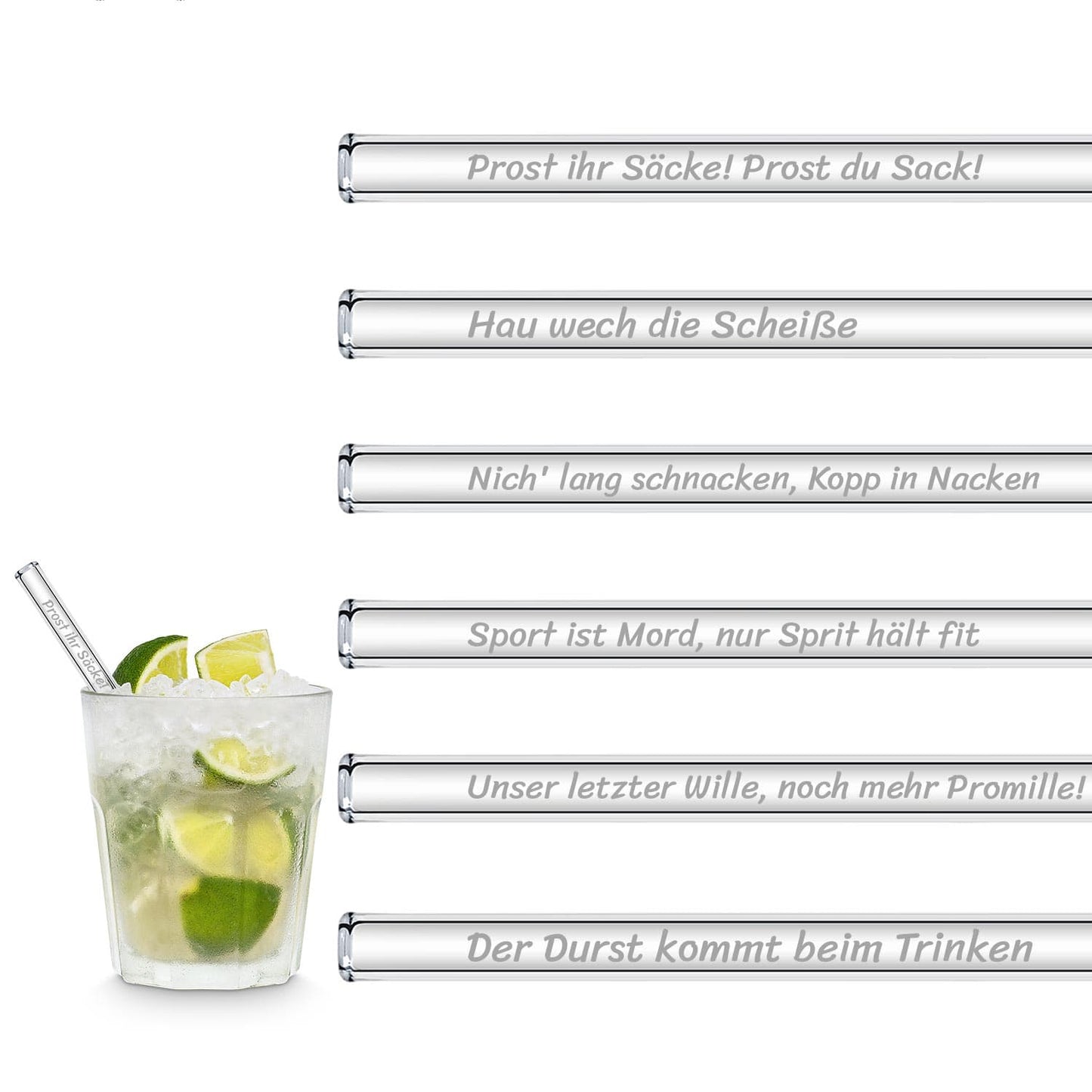 Sauf Sprüche Edition 6 gravierte Glasstrohhalme Trinksprüche Trinkspiele
