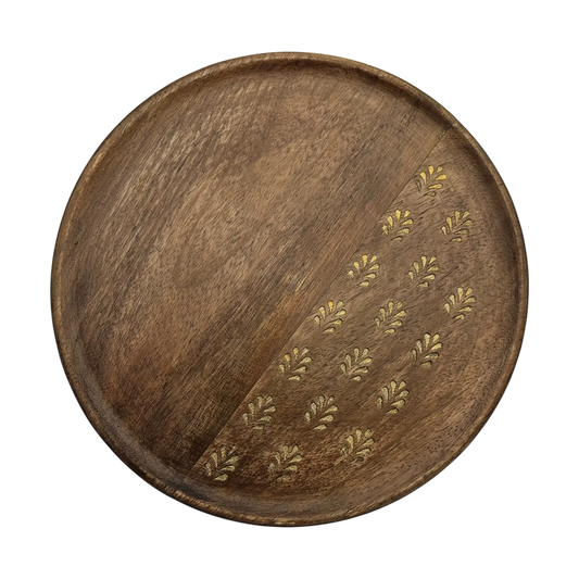 Holzteller Deko Teller Kerzenteller rund 22 o 30 cm Blattmuster braun Mangoholz dekobrett - Yabubest - Home & More