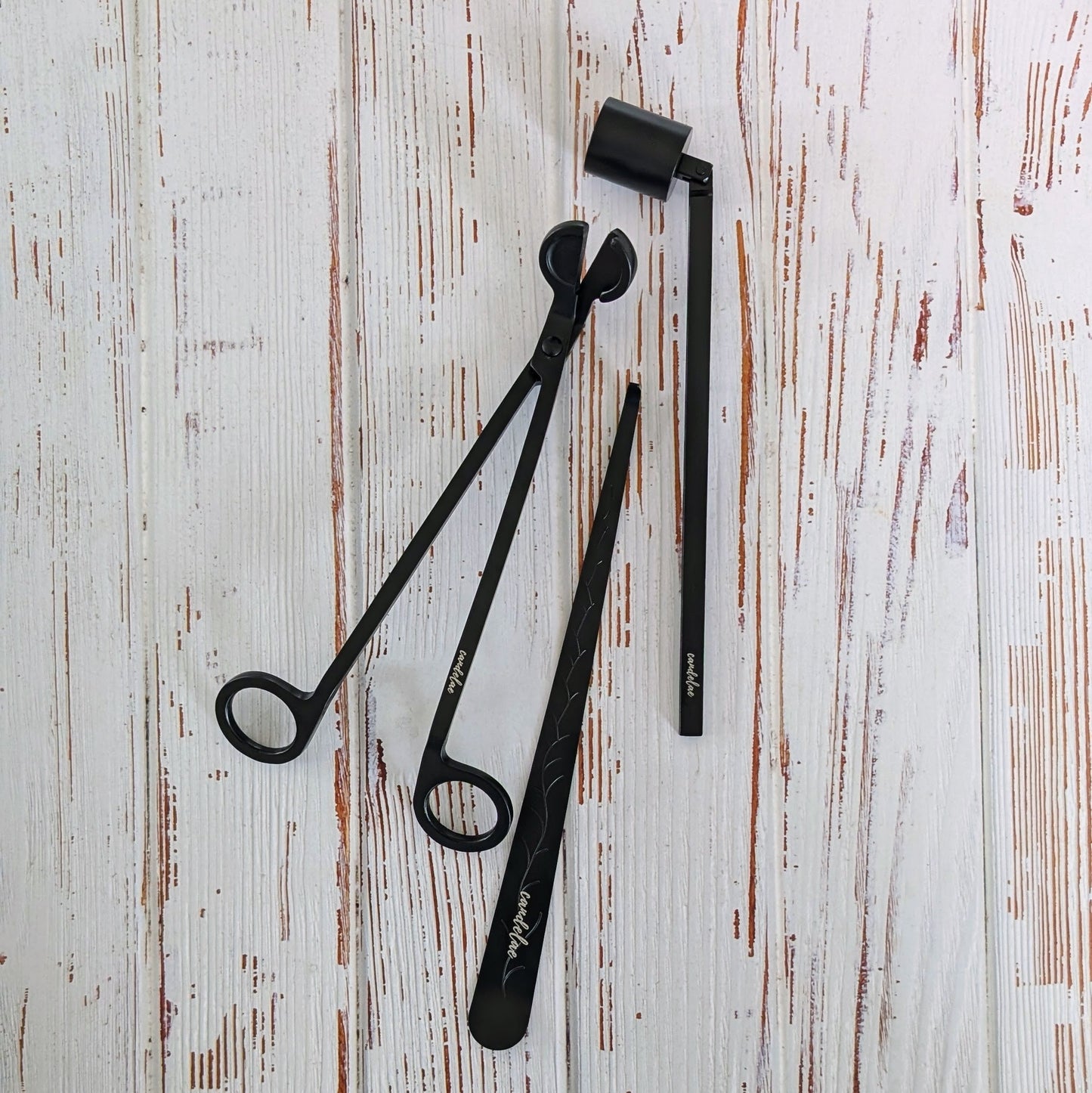 Kerzenpflege-Set Schwarz – Dochtschere, Kerzenlöscher & Dochtheber für Duftkerzen