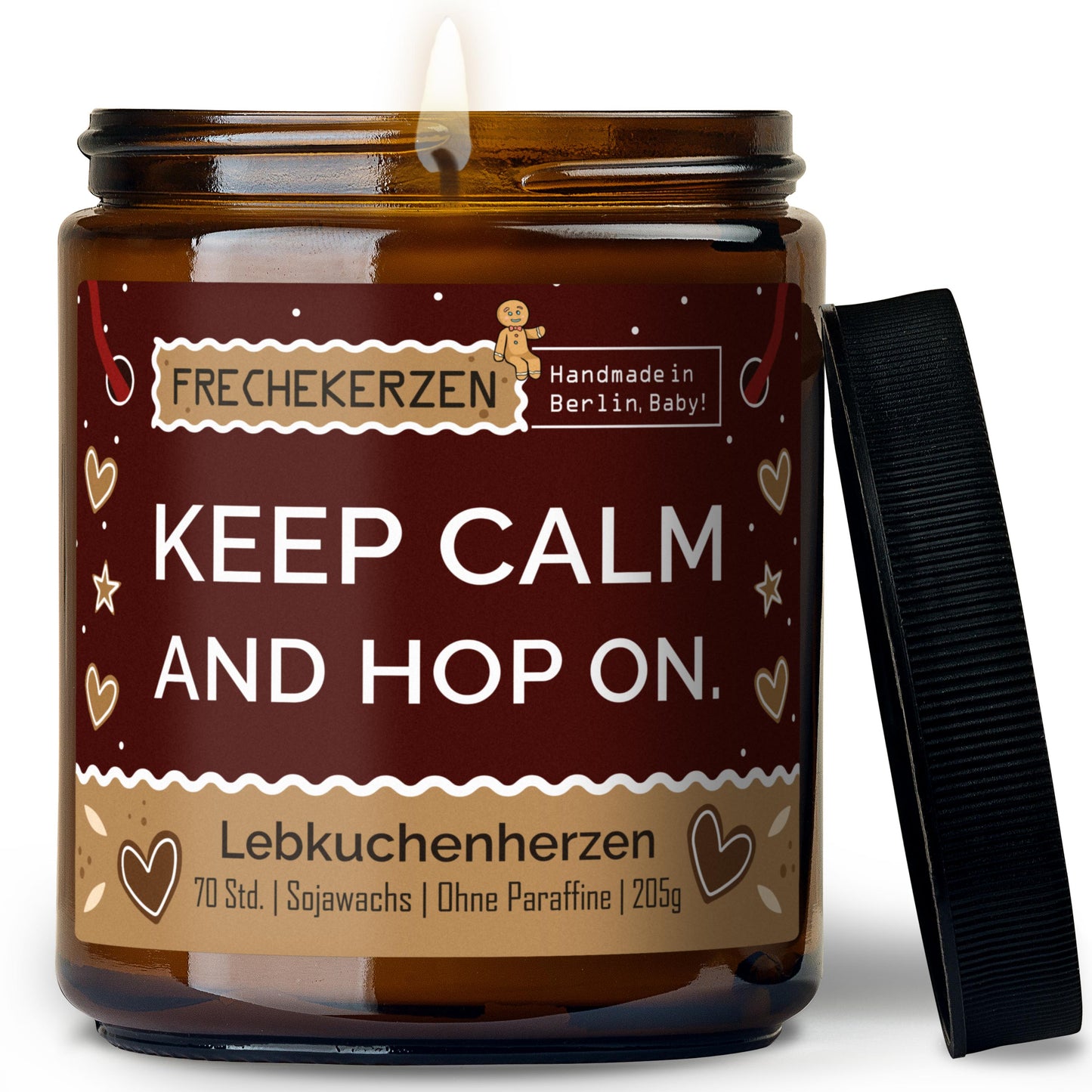 Freche Kerze im Glas mit Spruch keep calm and hop on-mysoy