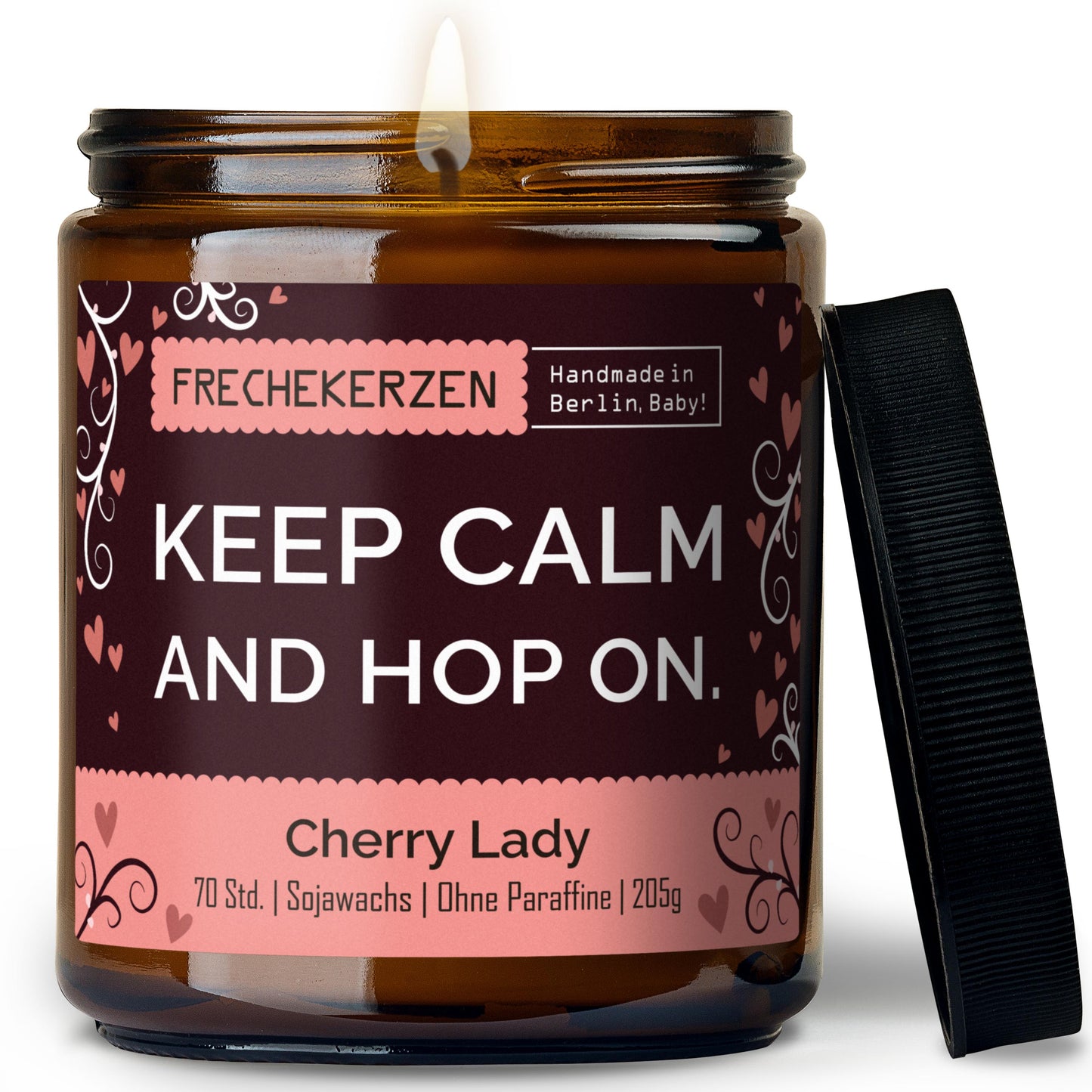 Freche Kerze im Glas mit Spruch keep calm and hop on-mysoy