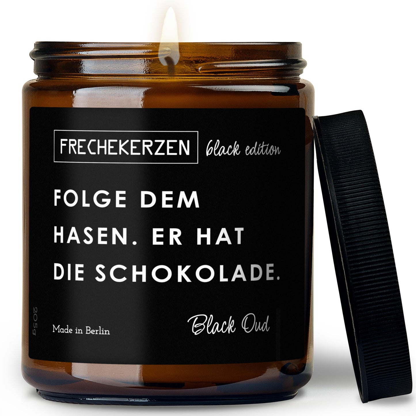 Freche Duftkerze im Glas mit Spruch folge dem hasen er hat schokolade-mysoy