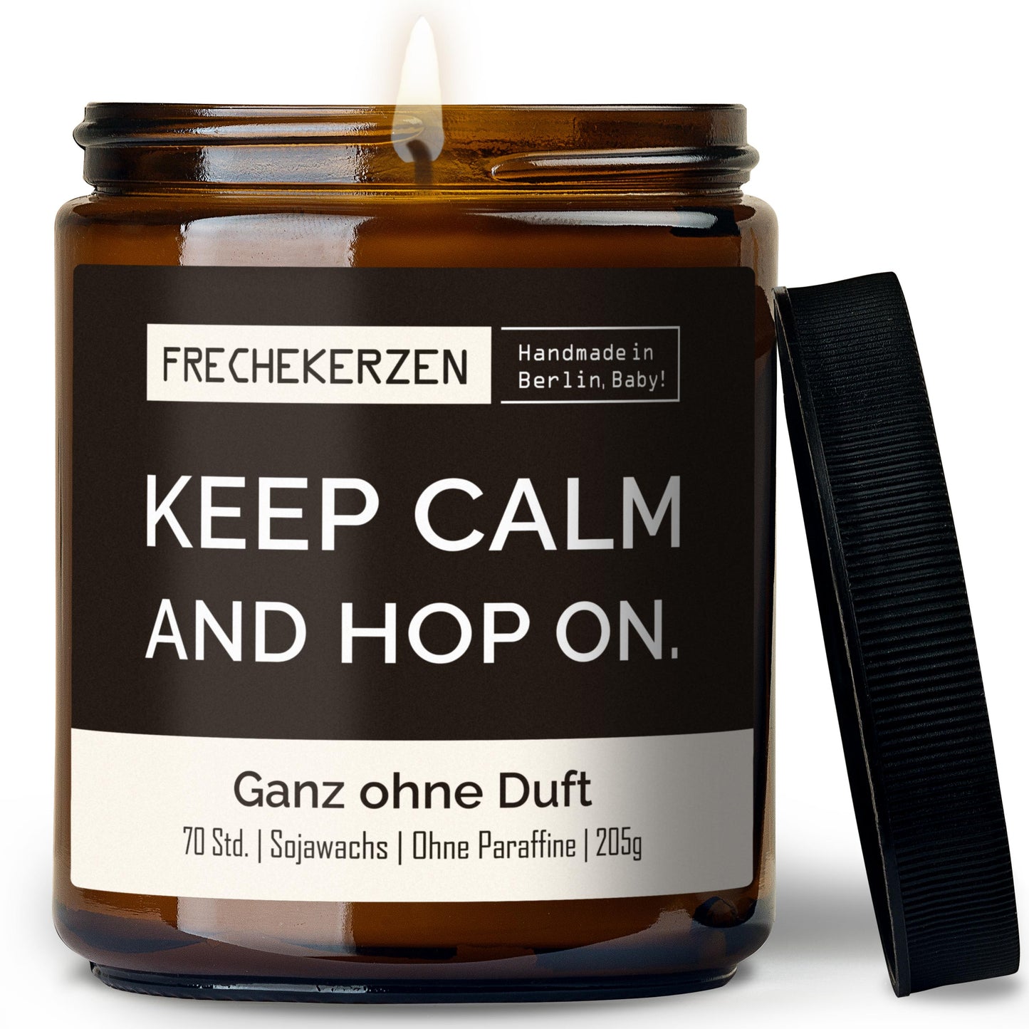 Freche Kerze im Glas mit Spruch keep calm and hop on-mysoy