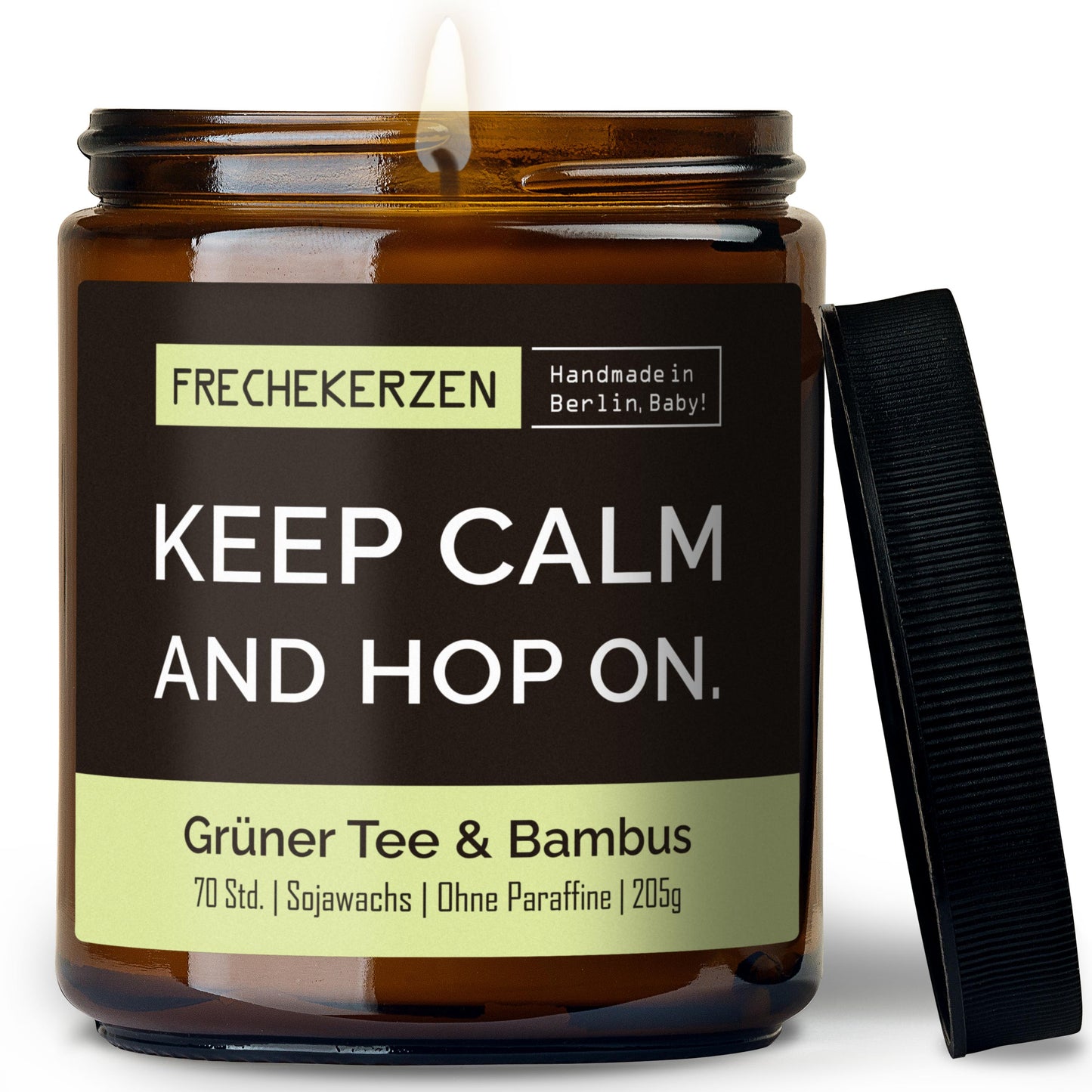 Freche Kerze im Glas mit Spruch keep calm and hop on-mysoy