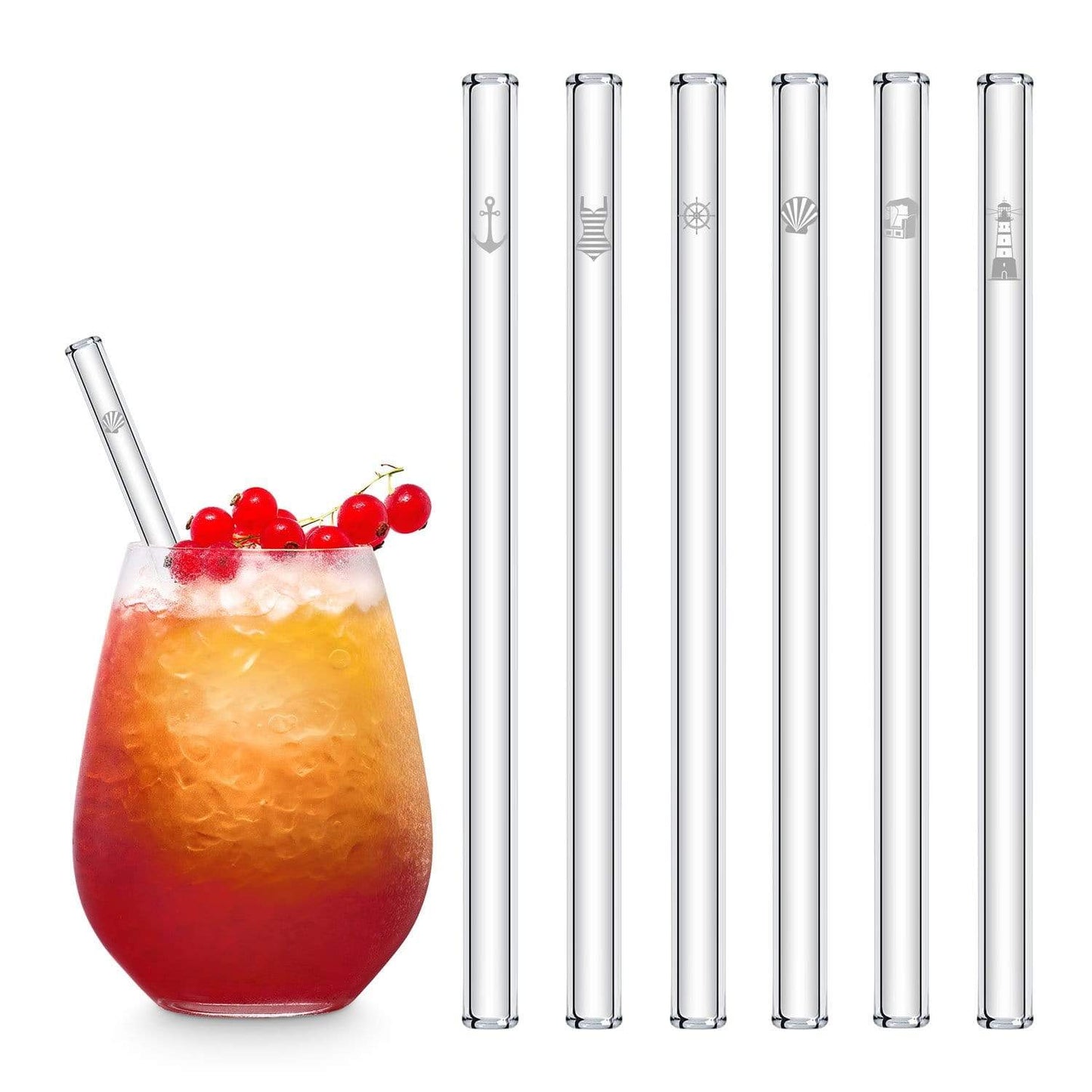 Ostsee Motive Edition gravierte Glastrinkhalme Maritime Deko 6 Stück