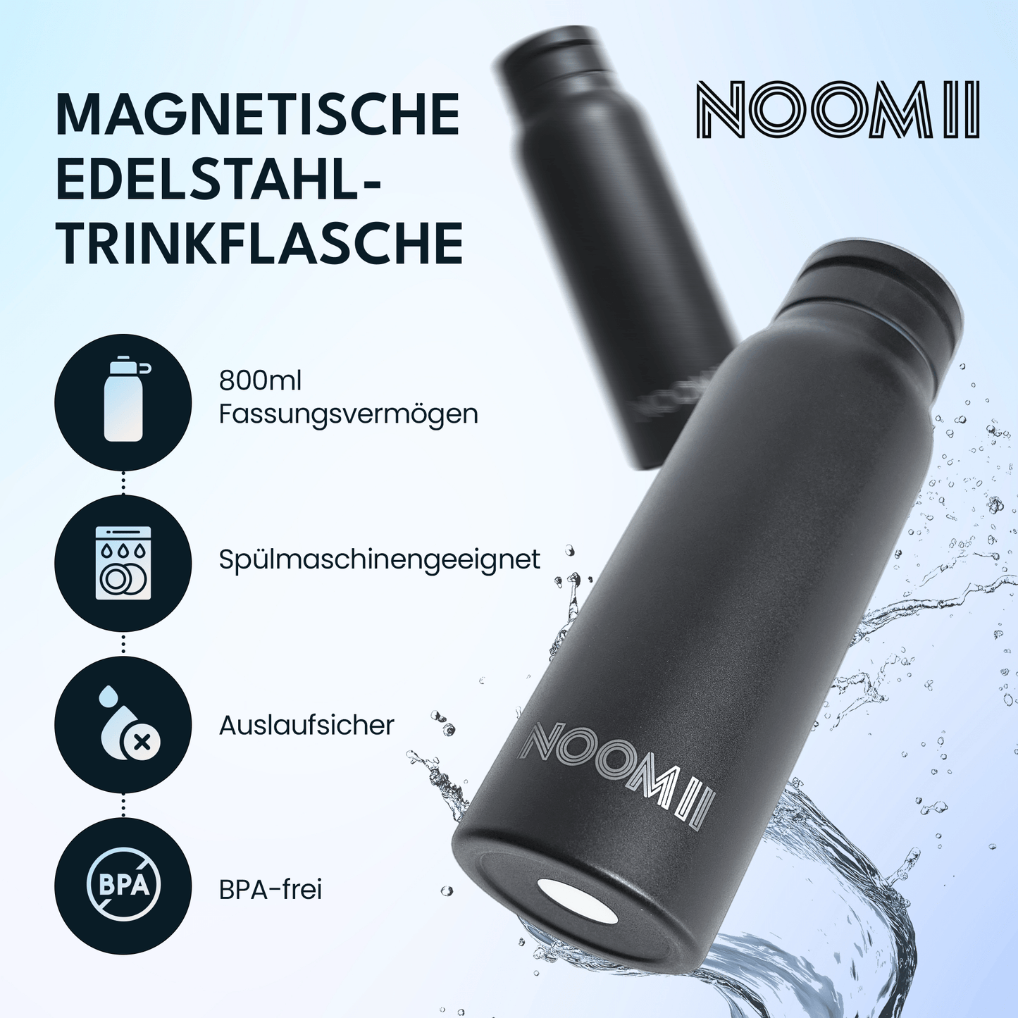 Edelstahl Trinkflasche mit Magnetdeckel und Handyhalter 800ml