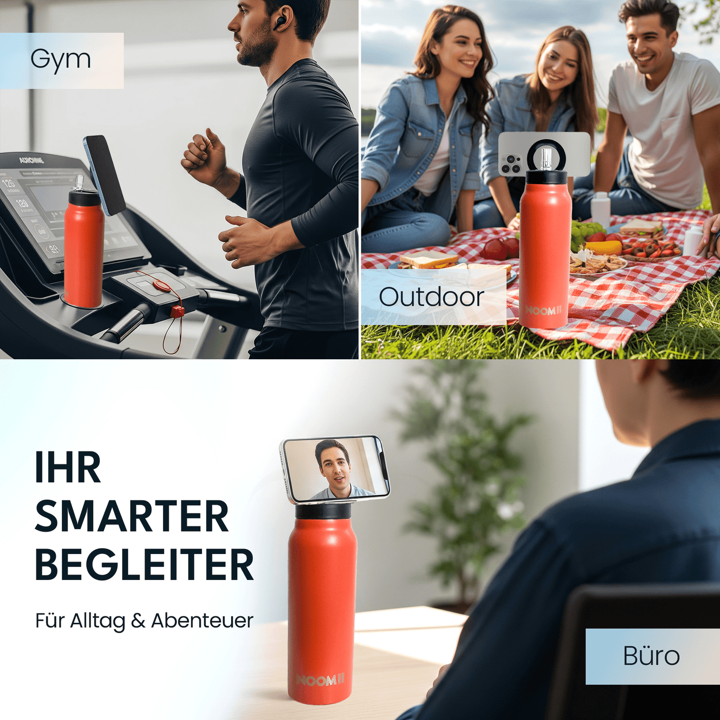 Edelstahl Trinkflasche mit Magnetdeckel und Handyhalter 800ml