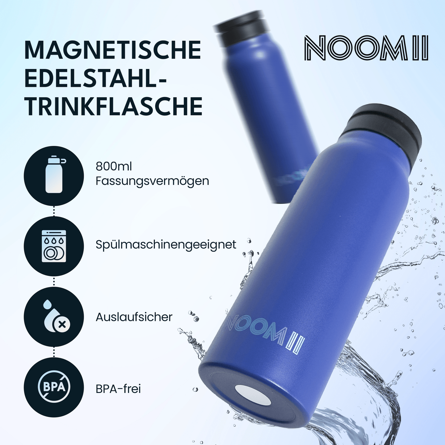 Edelstahl Trinkflasche mit Magnetdeckel und Handyhalter 800ml