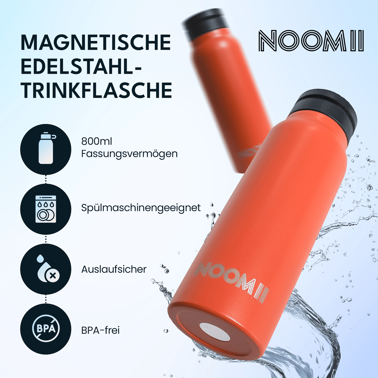 Edelstahl Trinkflasche mit Magnetdeckel und Handyhalter 800ml