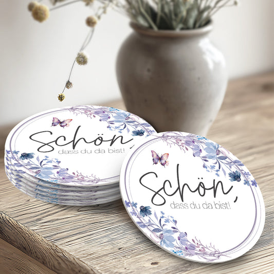 50 Bierdeckel Rund Floral Butterfly Fliederblau Schön dass du da bist