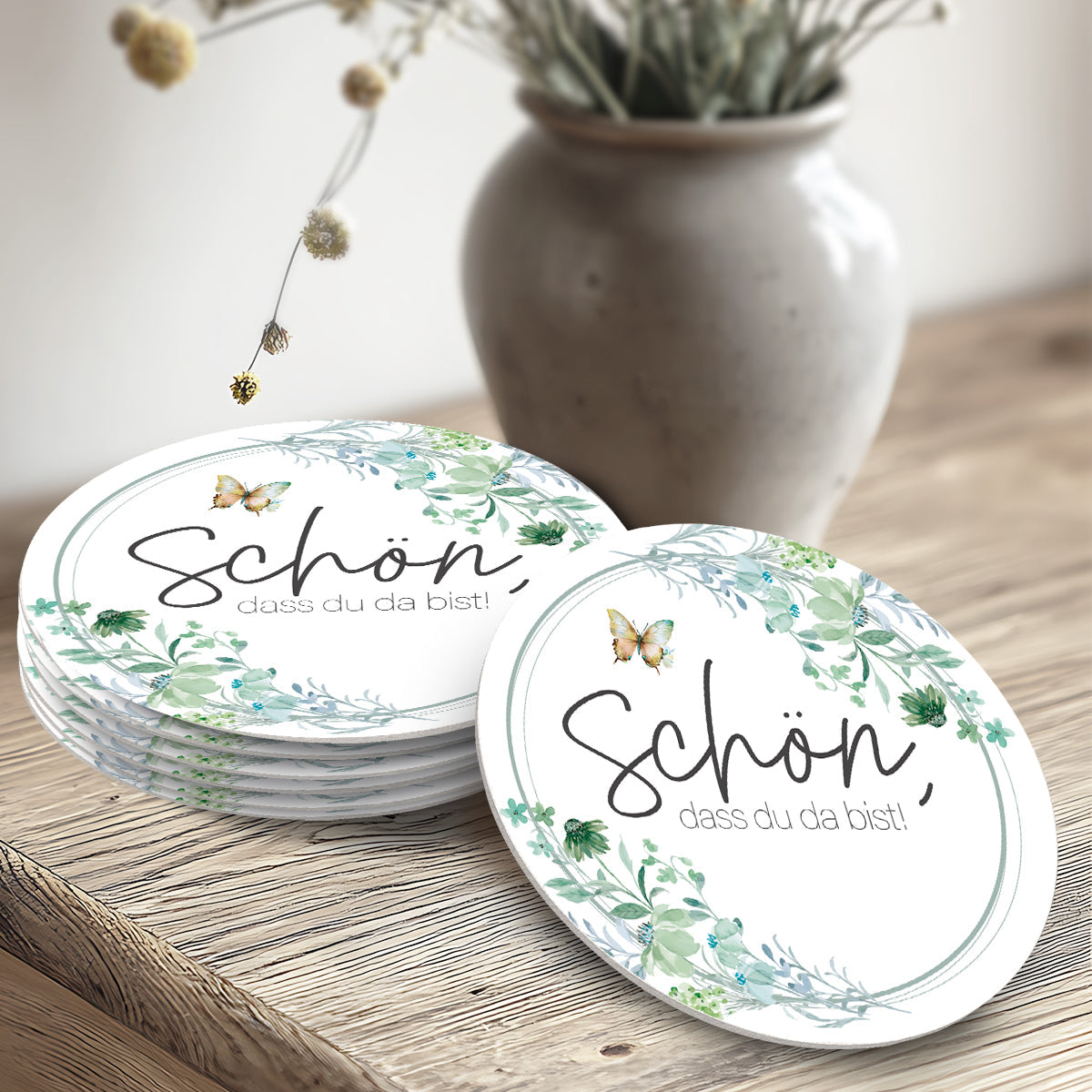 50 runde Bierdeckel Hochzeit Boho floral mit Willkommenstext