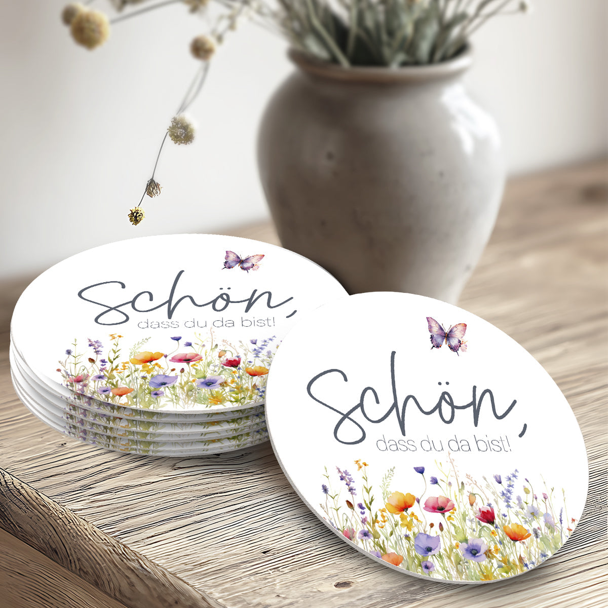 50 Runde Bierdeckel mit Floralem Boho Design zur Hochzeit
