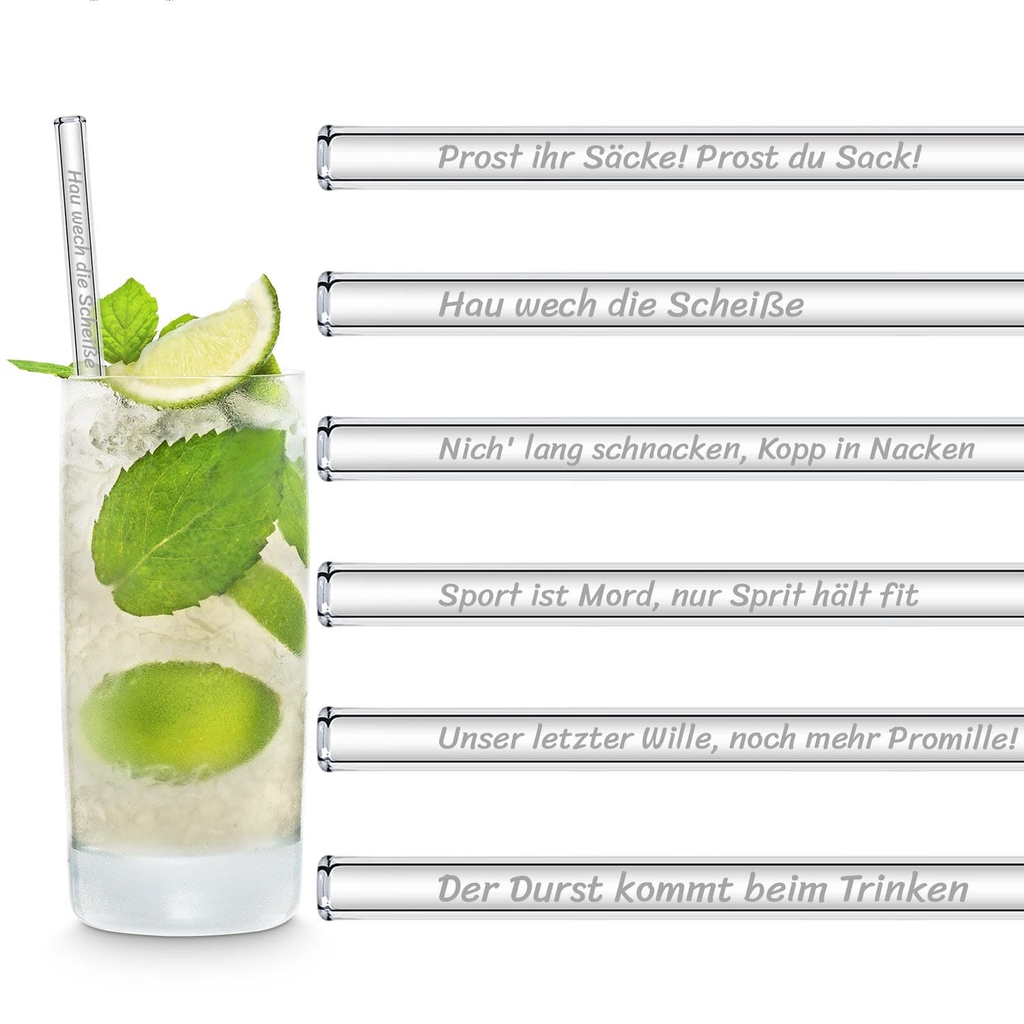 Sauf Sprüche Edition 6 gravierte Glasstrohhalme Trinksprüche Trinkspiele