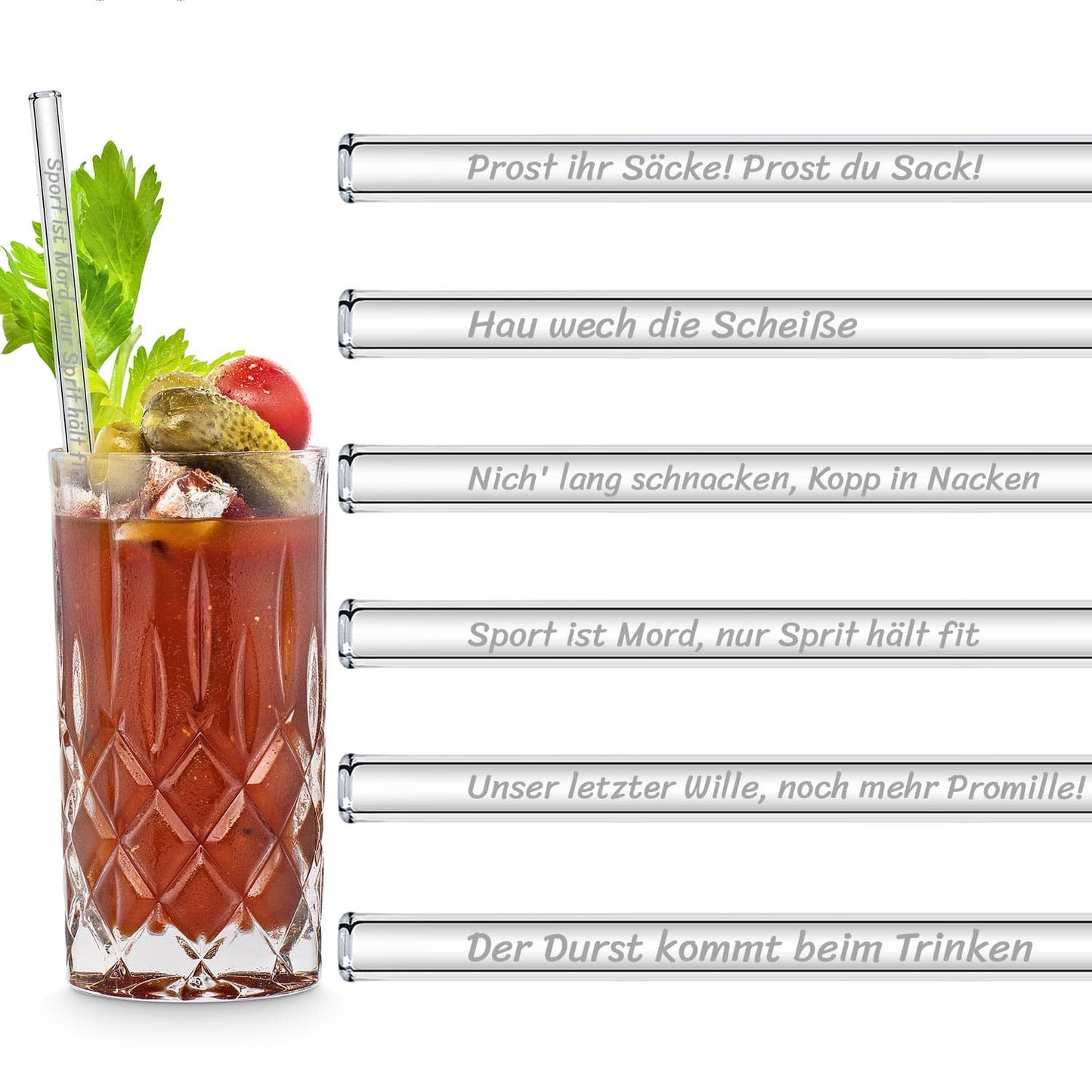 Sauf Sprüche Edition 6 gravierte Glasstrohhalme Trinksprüche Trinkspiele
